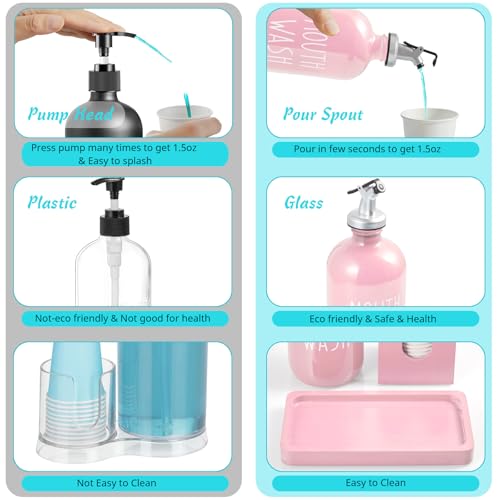 Bivvclaz Glass Mouthwash Dispenser for Bathroom, 16 OZ Mouthwash Dispenser with Pour Spout and Wood Cup Holder and Tray, Mouth Wash Bottle Container, Farmhouse Kitchen Bathroom Decor and Accessories, Pink - Image 4