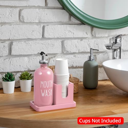 Bivvclaz Glass Mouthwash Dispenser for Bathroom, 16 OZ Mouthwash Dispenser with Pour Spout and Wood Cup Holder and Tray, Mouth Wash Bottle Container, Farmhouse Kitchen Bathroom Decor and Accessories, Pink - Image 2