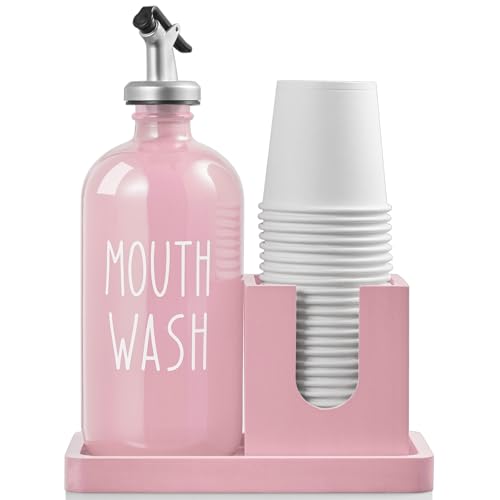 Bivvclaz Glass Mouthwash Dispenser for Bathroom, 16 OZ Mouthwash Dispenser with Pour Spout and Wood Cup Holder and Tray, Mouth Wash Bottle Container, Farmhouse Kitchen Bathroom Decor and Accessories, Pink - Image 1