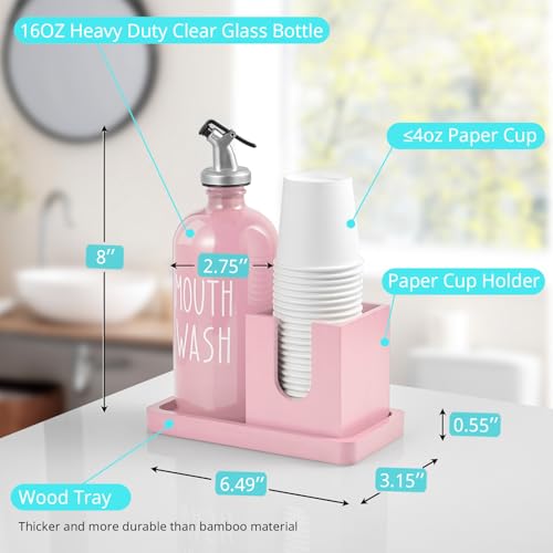 Bivvclaz Glass Mouthwash Dispenser for Bathroom, 16 OZ Mouthwash Dispenser with Pour Spout and Wood Cup Holder and Tray, Mouth Wash Bottle Container, Farmhouse Kitchen Bathroom Decor and Accessories, Pink - Image 3