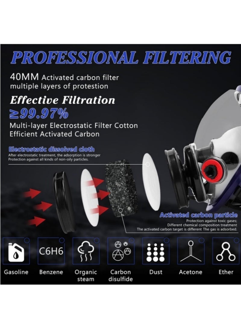 excitat Respirator Mask, Respirator with Filter and Goggles for ChemicalsMilitary, Grade Silicone Respirator with 40mm . 6001 Activated Carbon Filters, Anti-Fog Wide-View PC Lens, Adjustable 5-Point Head Straps, For Paint Dust Soldering Construction Sanding Woodworking Welding, Spray & Emergency Use etc. - Image 2