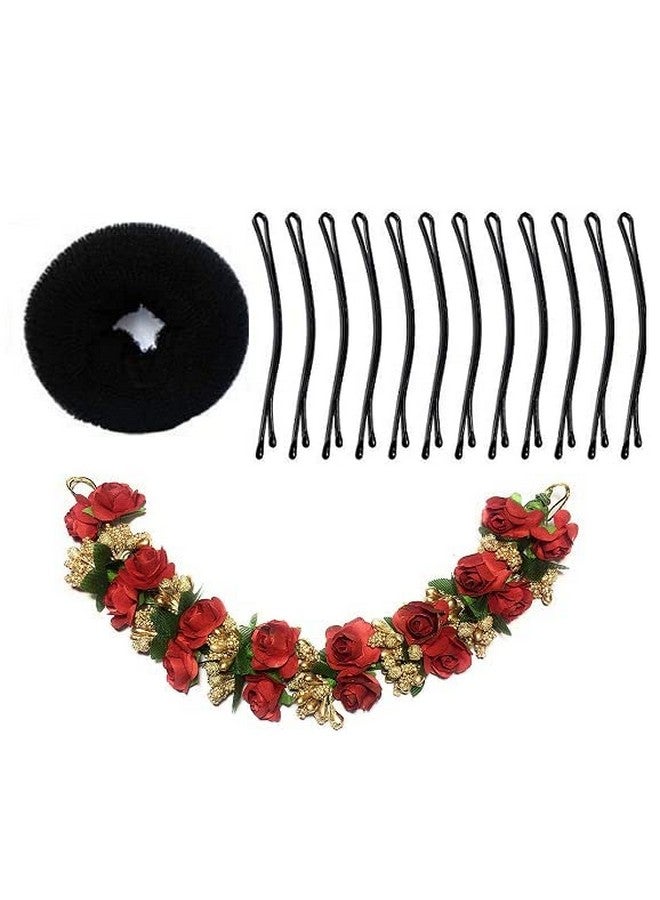 تشاندركاش مجموعة تشاندركاش من 3 قطع؛ غاجرا شعر على شكل زهرة مع كعكة شعر واحدة و12 دبوس جودا | أداة تشكيل كعكة جودا المنتفخة | ربطة شعر كعكة فوضوية - Image 1