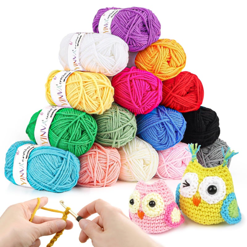 YINVA Crochet Yarn Acrylic Yarn Knitting Wool 15Pcs x 25g Crochet Wool Crochet Kits for Beginners Adults Wool for Crochet Knitting and Crafts MultiColor
