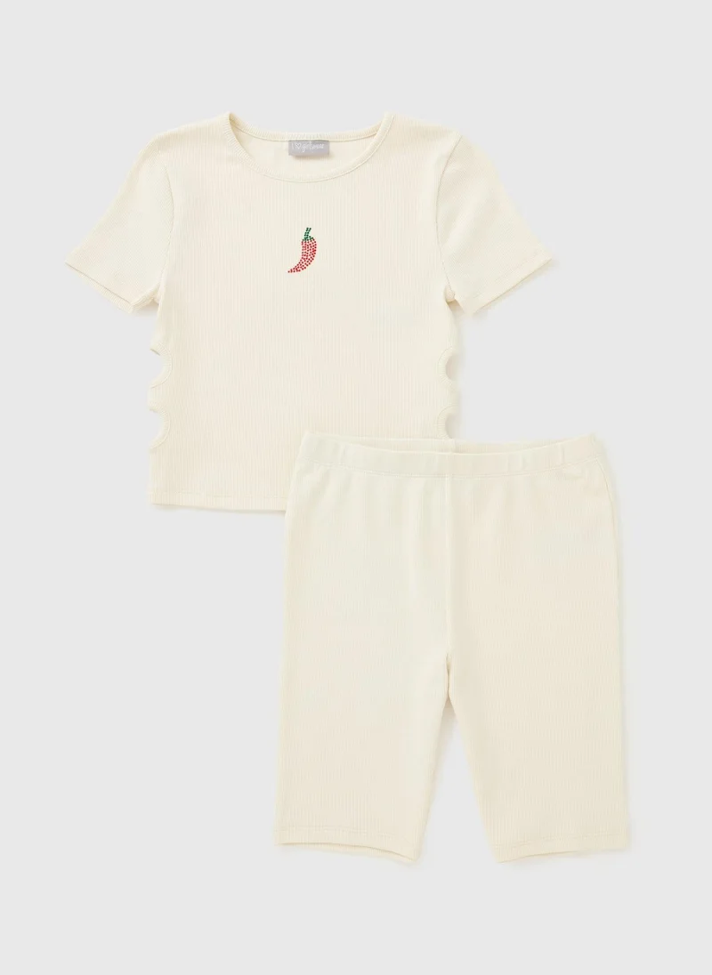 ماتلان Girls Cream Chilli Ribbed Top & Short Set