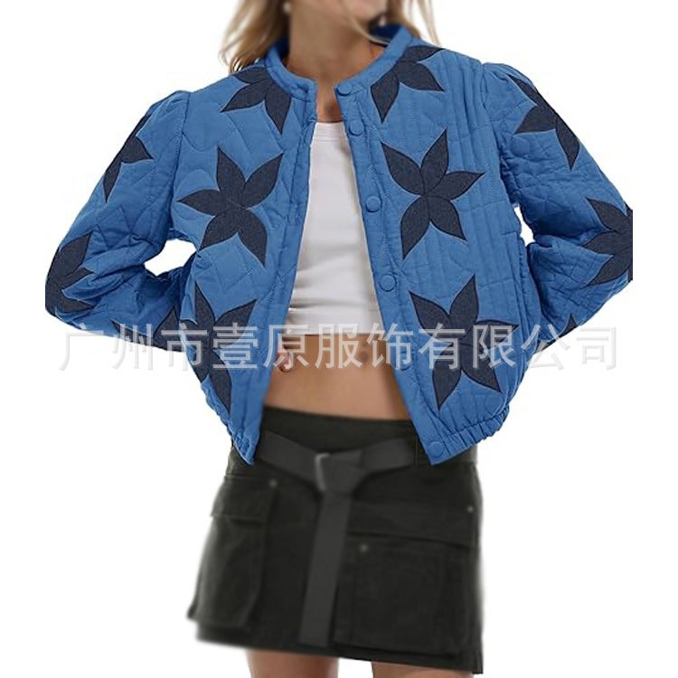 2025 Maple Leaf Pattern Patch Embroidered Quilted Jacket Short Jacket For Women - Image 2