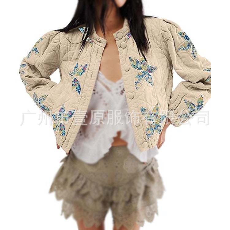 2025 Maple Leaf Pattern Patch Embroidered Quilted Jacket Short Jacket For Women - Image 5