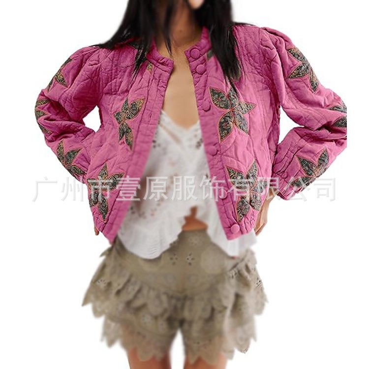 2025 Maple Leaf Pattern Patch Embroidered Quilted Jacket Short Jacket For Women - Image 1