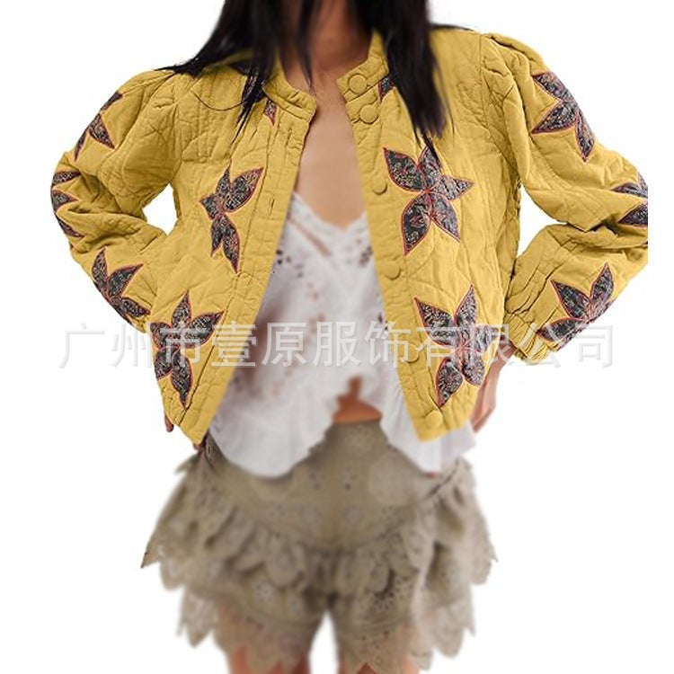 2025 Maple Leaf Pattern Patch Embroidered Quilted Jacket Short Jacket For Women - Image 3