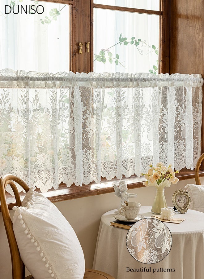 DUNISO White Lace Window Valance Curtain 230×60cm, Semi-Sheer Floral Lace Short Curtain for Kitchen, Bathroom, Living Room, Rod Pocket - Image 1
