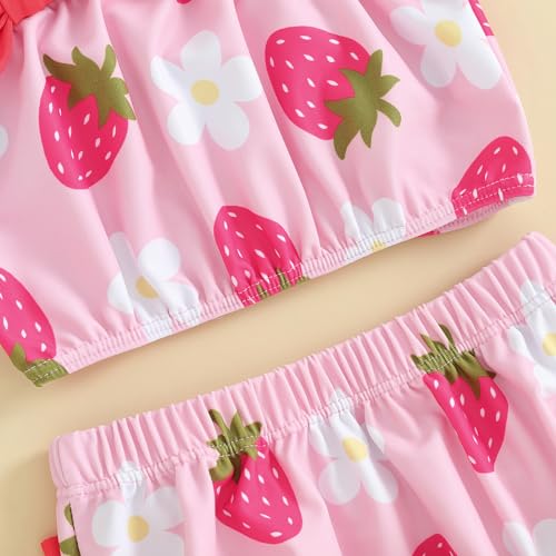 Yccutest Toddler Girl Swimsuits Infant Baby Girl Bathing Suit Bikini Sets Swimwear 3 Piece Summer Beach Outfit Top Shorts Hat (G-Pink Strawberry,1-2 Years) - Image 4