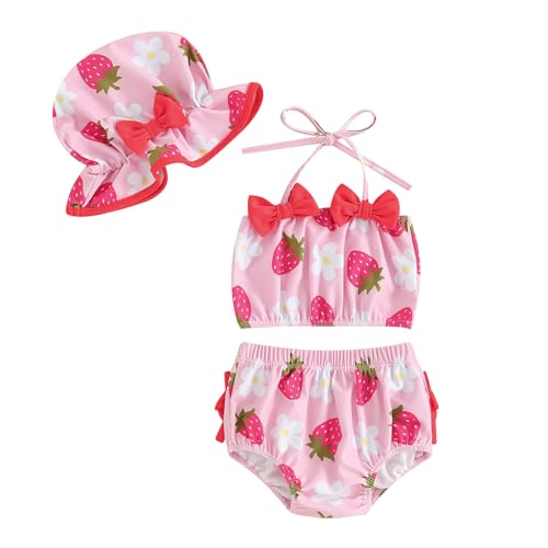 Yccutest Toddler Girl Swimsuits Infant Baby Girl Bathing Suit Bikini Sets Swimwear 3 Piece Summer Beach Outfit Top Shorts Hat (G-Pink Strawberry,1-2 Years) - Image 1