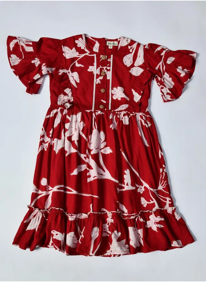 BELLA MODA Bella Moda Floral Print Short SleeveÂ Cotton Dress with Ruffle Trim