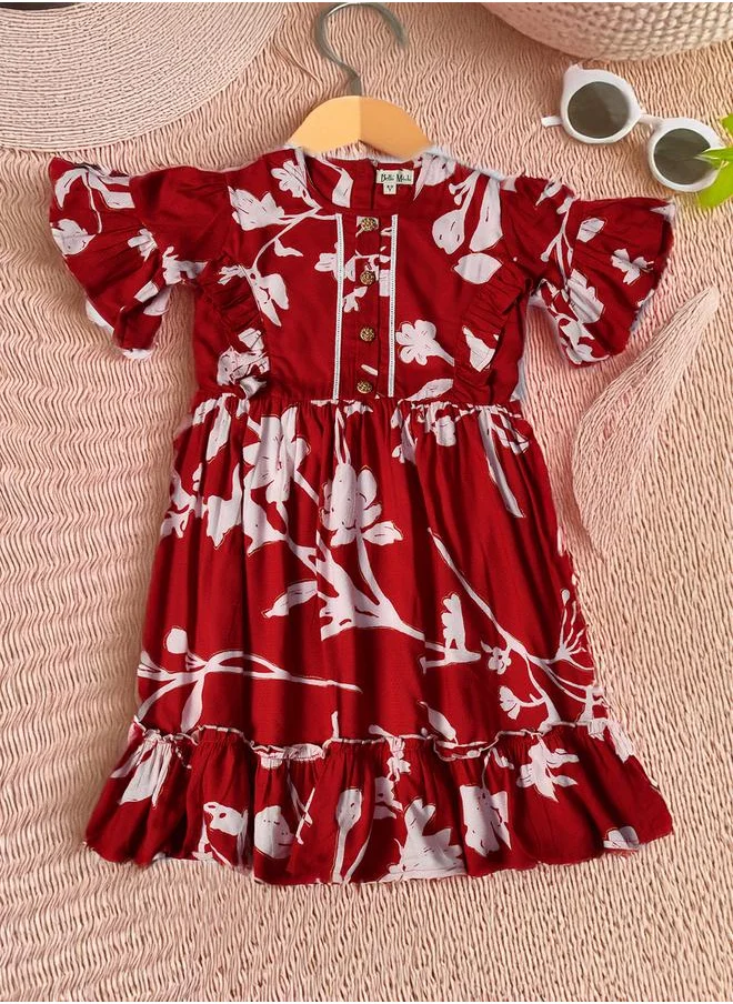BELLA MODA Bella Moda Floral Print Short SleeveÂ Cotton Dress with Ruffle Trim