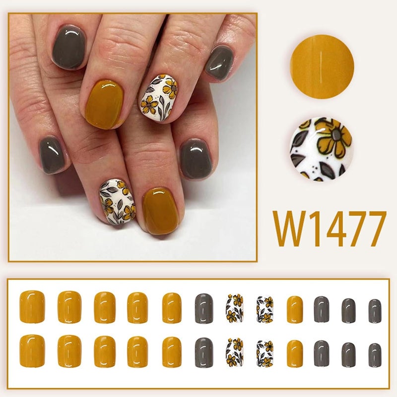 WULIUFLY Individual group scene compatible Fall Press on Nails Short Square Fake Nails Brown False Nails with Floral Designs Acrylic Nails Brown Fall Glue on Nails Glossy Short Artificial Nails Stick on Nails for Women Nail Art Manicure 24PCS Wear resistant upgraded material - Image 5