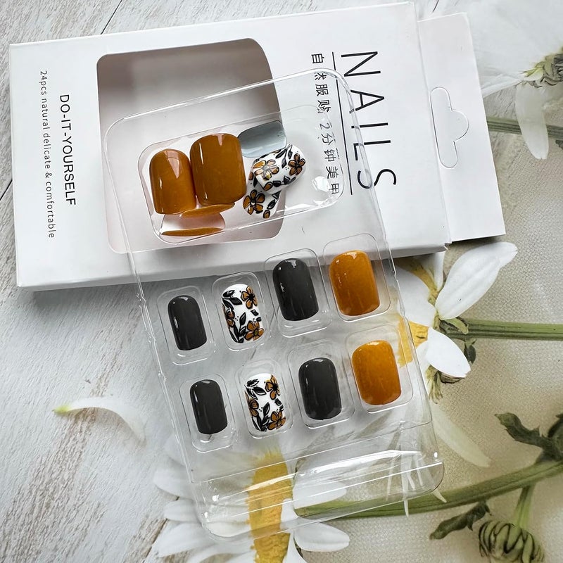 WULIUFLY Individual group scene compatible Fall Press on Nails Short Square Fake Nails Brown False Nails with Floral Designs Acrylic Nails Brown Fall Glue on Nails Glossy Short Artificial Nails Stick on Nails for Women Nail Art Manicure 24PCS Wear resistant upgraded material - Image 3