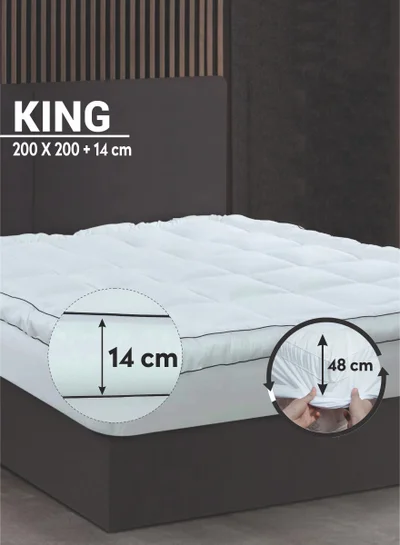 Donetella Hotel Mattress Topper King Size 200X200+14 CM And 1500 GSM Filling With Supersoft Brushed Microfiber Fabric (Fitted Style), White