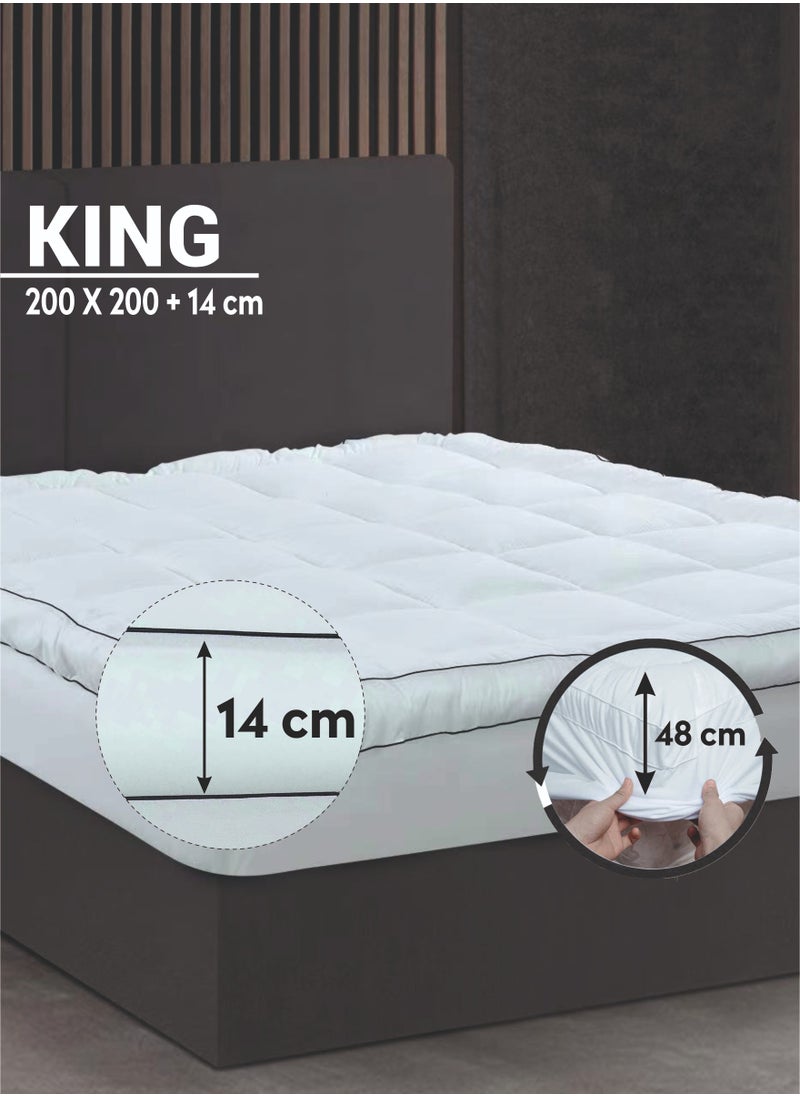 Donetella - Hotel Mattress Topper King Size 200X200+14 CM And 1500 GSM Filling With Supersoft Brushed Microfiber Fabric (Fitted Style), White - Image 1