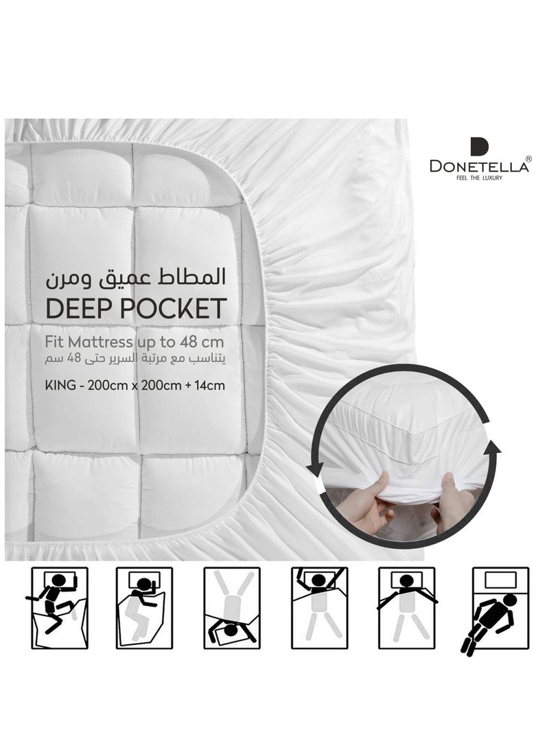 Donetella - Hotel Mattress Topper King Size 200X200+14 CM And 1500 GSM Filling With Supersoft Brushed Microfiber Fabric (Fitted Style), White - Image 1