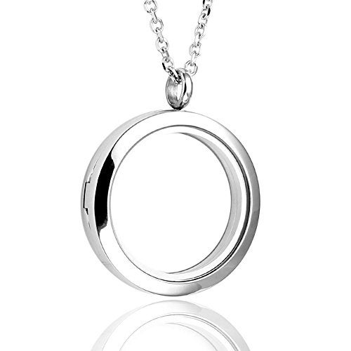 Zysta Silver Round Locket Pendant Necklace 30mm Glossy Stainless Steel Clear Glass Living Memory Floating Charms Stone Storage - Image 1