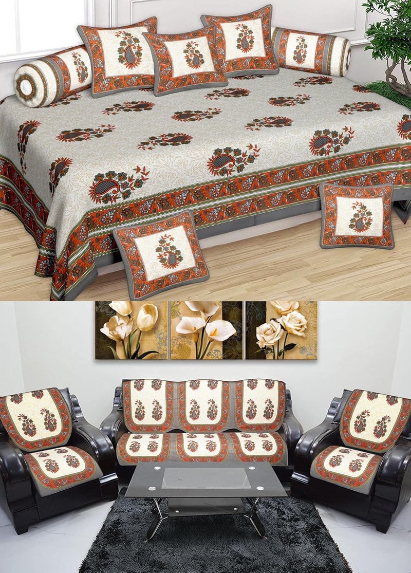 SkyKross - Everyday A New Thing SkyKross Everyday A New Thing Special Keri Pure Cotton ROOMSET Diwan Sofa Cover Set Combo Single Bedsheet 2 Bolster Covers 5 CushionCovers and Five Seater Sofa Cover Set Orange - Image 1