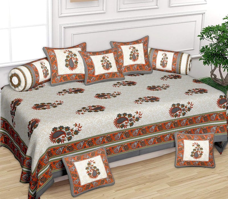 SkyKross - Everyday A New Thing SkyKross Everyday A New Thing Special Keri Pure Cotton ROOMSET Diwan Sofa Cover Set Combo Single Bedsheet 2 Bolster Covers 5 CushionCovers and Five Seater Sofa Cover Set Orange - Image 3