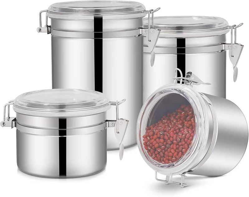 4-Piece Stainless Steel Airtight Canister Set, Food Storage Container Jars for Kitchen Counter, Flour Coffee Bean Tea Cereal Sugar Cookie Storage Canister with Clear Acrylic Lid & Locking Clamp