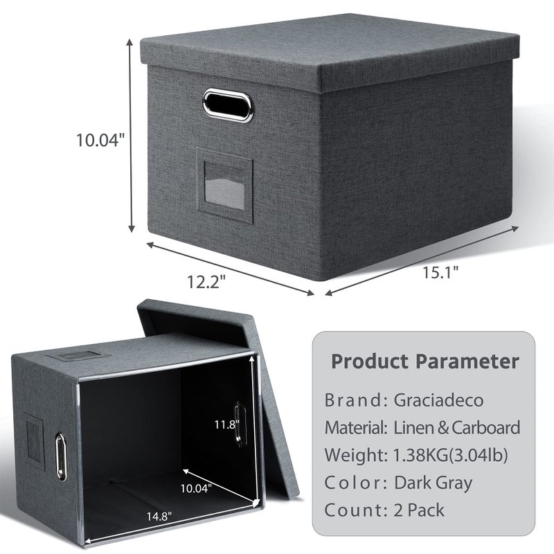 Graciadeco File Organizer, Collapsible Storage Filling Box with Lid for Letter Legal Size Hanging Folders Decorative Linen File Folder Box Document Storage Filing Bin, Dark Gray 2 Pack - Image 2