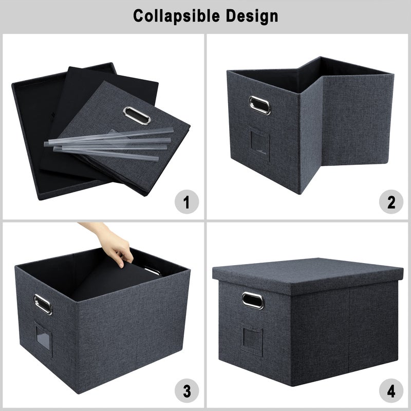 Graciadeco File Organizer, Collapsible Storage Filling Box with Lid for Letter Legal Size Hanging Folders Decorative Linen File Folder Box Document Storage Filing Bin, Dark Gray 2 Pack - Image 5