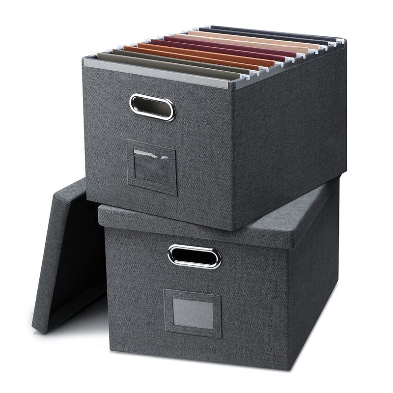 Graciadeco File Organizer, Collapsible Storage Filling Box with Lid for Letter Legal Size Hanging Folders Decorative Linen File Folder Box Document Storage Filing Bin, Dark Gray 2 Pack - Image 1