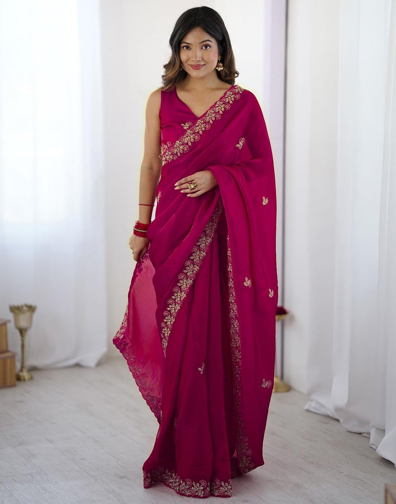 SIRIL Women's Tissue Silk Sequence Embroidery Scalloped Border Saree with Unstitched Blouse Piece (4534S6881_Rani Pink) - Image 5