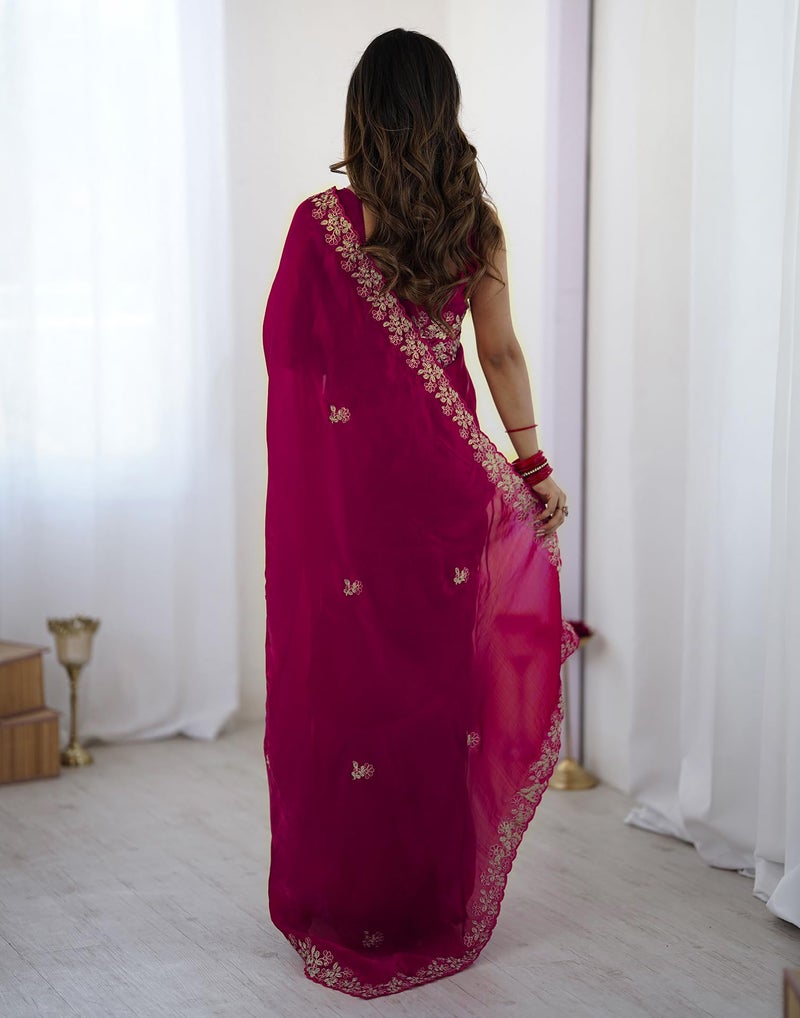 SIRIL Women's Tissue Silk Sequence Embroidery Scalloped Border Saree with Unstitched Blouse Piece (4534S6881_Rani Pink) - Image 4