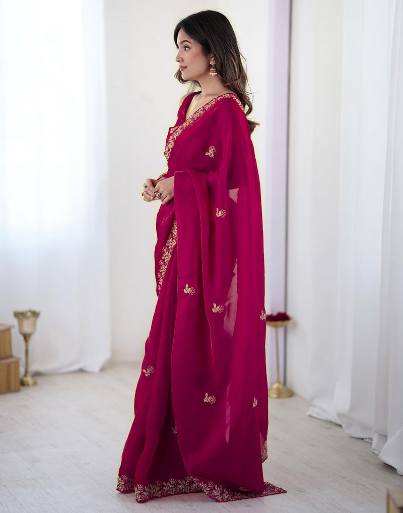SIRIL Women's Tissue Silk Sequence Embroidery Scalloped Border Saree with Unstitched Blouse Piece (4534S6881_Rani Pink) - Image 2