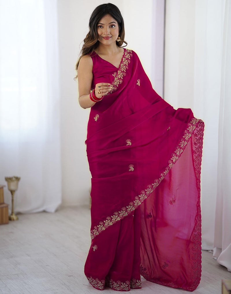 SIRIL Women's Tissue Silk Sequence Embroidery Scalloped Border Saree with Unstitched Blouse Piece (4534S6881_Rani Pink) - Image 3