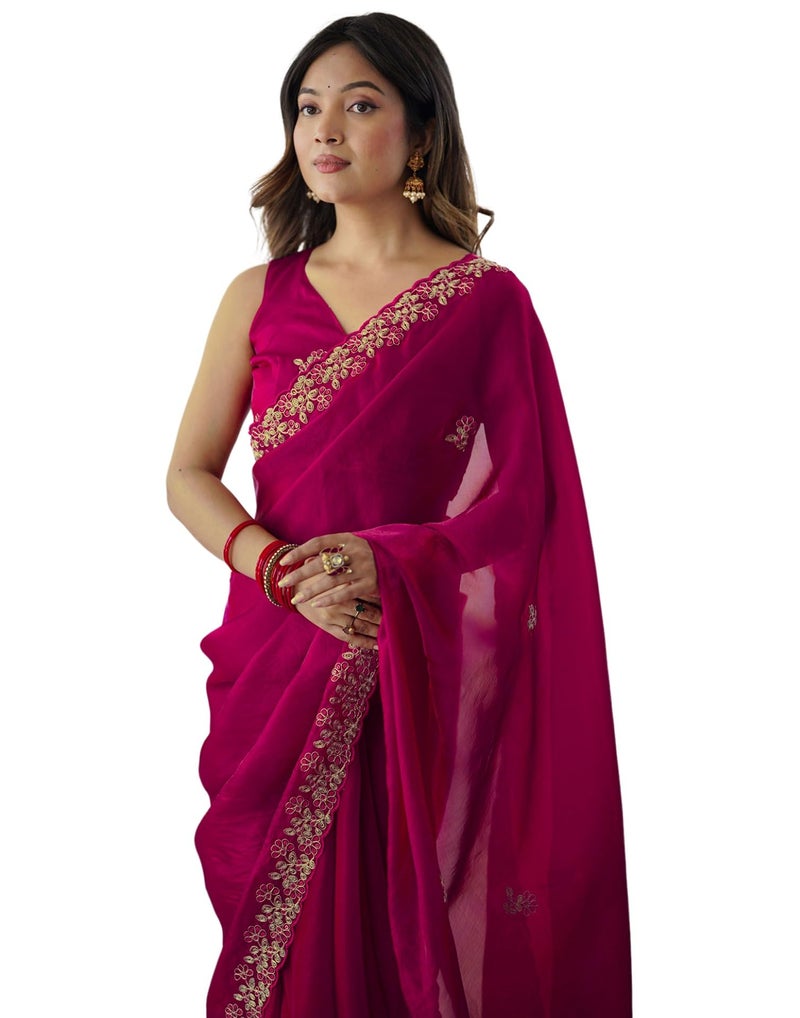 SIRIL Women's Tissue Silk Sequence Embroidery Scalloped Border Saree with Unstitched Blouse Piece (4534S6881_Rani Pink) - Image 1
