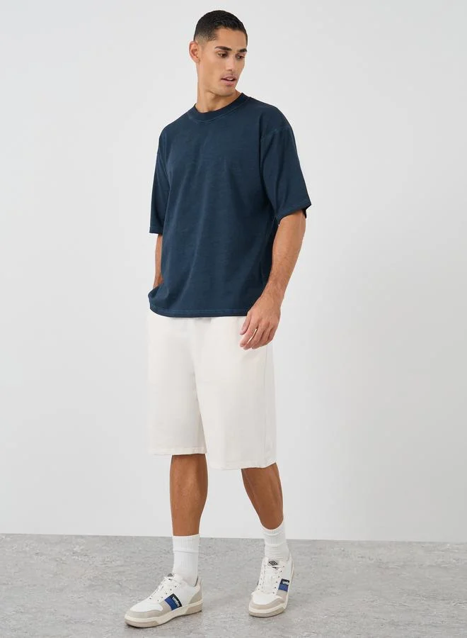 Styli Styli Dark Blue Mock Neck Washed Heavy Jersey T-Shirt