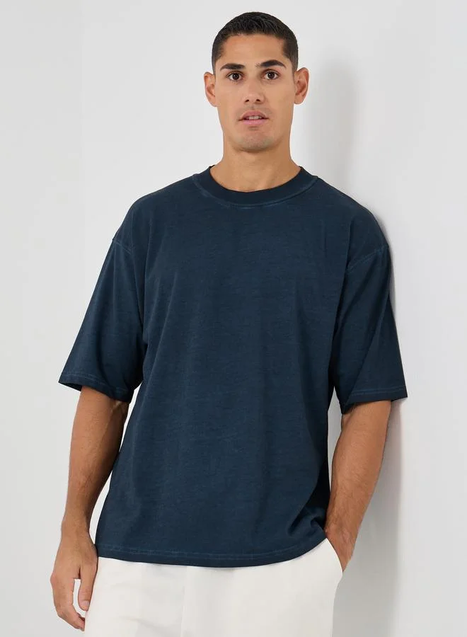 Styli Styli Dark Blue Mock Neck Washed Heavy Jersey T-Shirt