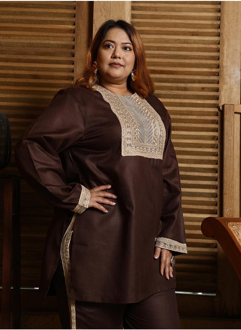 Instafab Plus Women's Chocolate Brown Schiffli-Block Kurta Set  - Image 4
