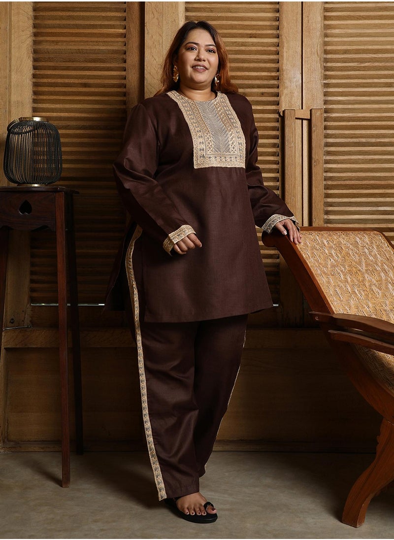 Instafab Plus Women's Chocolate Brown Schiffli-Block Kurta Set  - Image 5