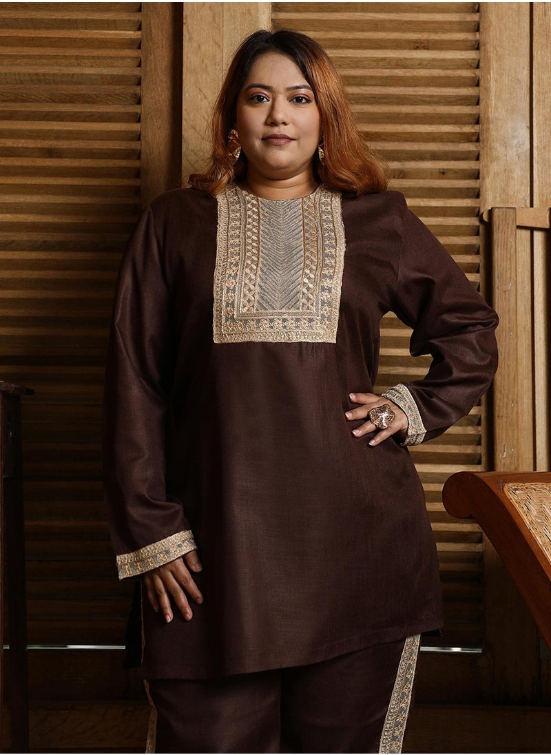 Instafab Plus Women's Chocolate Brown Schiffli-Block Kurta Set  - Image 2