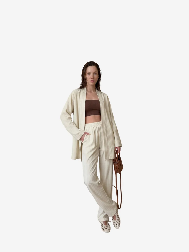 MY FASHION Striped Two-Piece Co-Ord Set with Open Collar