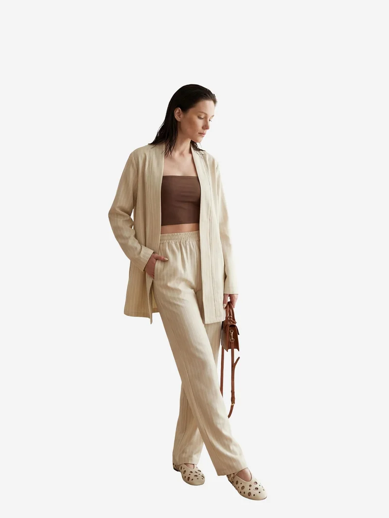 MY FASHION Beige Natural MY FASHION Striped Two-Piece Co-Ord Set with Open Collar for Women | Best Price UAE