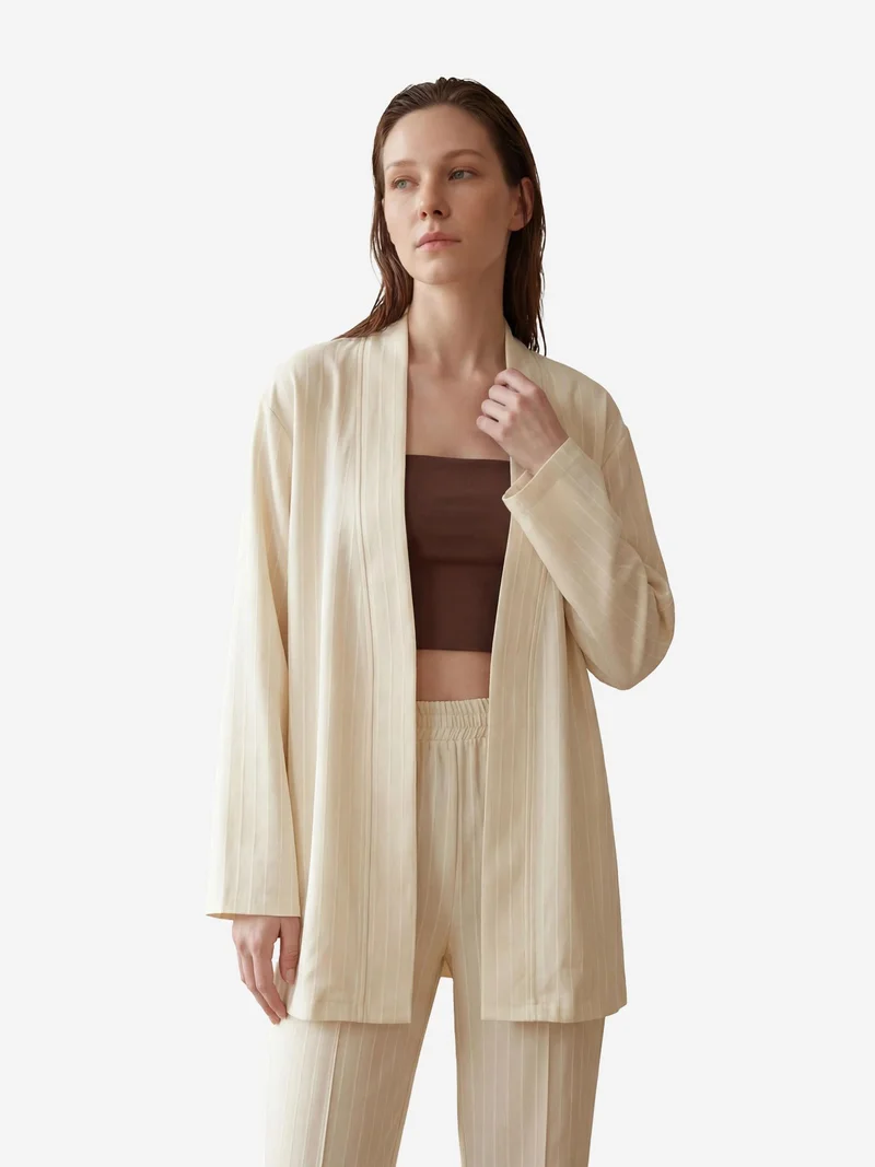 MY FASHION Beige Natural MY FASHION Striped Two-Piece Co-Ord Set with Open Collar for Women | Best Price UAE