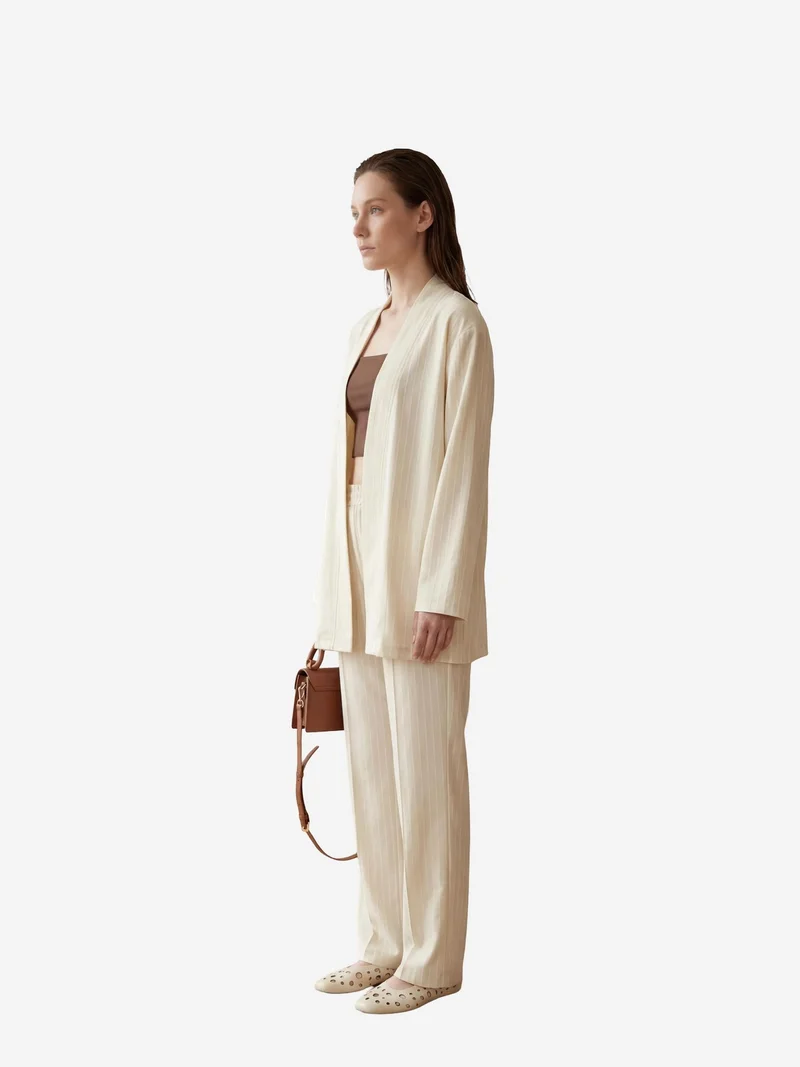 MY FASHION Beige Natural MY FASHION Striped Two-Piece Co-Ord Set with Open Collar for Women | Best Price UAE