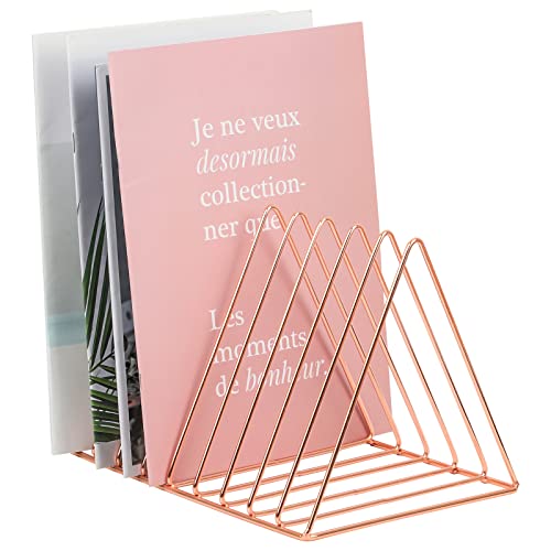 EASEPRES Rose Gold Magazine Holder, Desktop File Sorter Organizer Triangle 9 Slot Newspaper Record Storage Shelf Rack for Home Office Decoration - Image 1