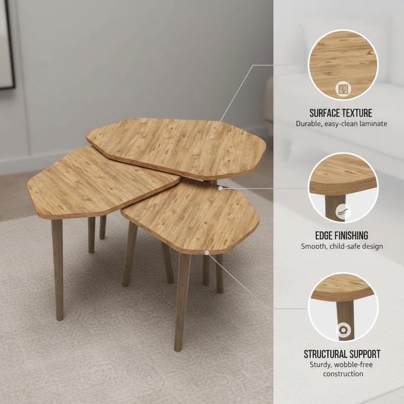 FendiHome Modern Nesting Coffee Table Set of 3, Geometric Wooden Side Tables, Space-Saving End Tables with Beech Wood Legs (wood) - Image 5