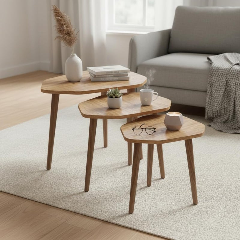 FendiHome Modern Nesting Coffee Table Set of 3, Geometric Wooden Side Tables, Space-Saving End Tables with Beech Wood Legs (wood) - Image 2