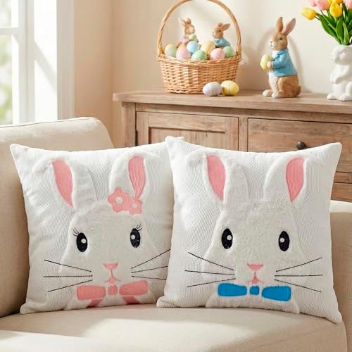 ChezMax Easter Throw Pillow Covers 18x18 Set of 2 Spring 3D White Bunny with Embroidered Tie Easter Decor Faux Fur Soft Plush Rabbit Pillow Cover for Sofa Couch Bed Cushion Case Decorations for Home Room - Image 1