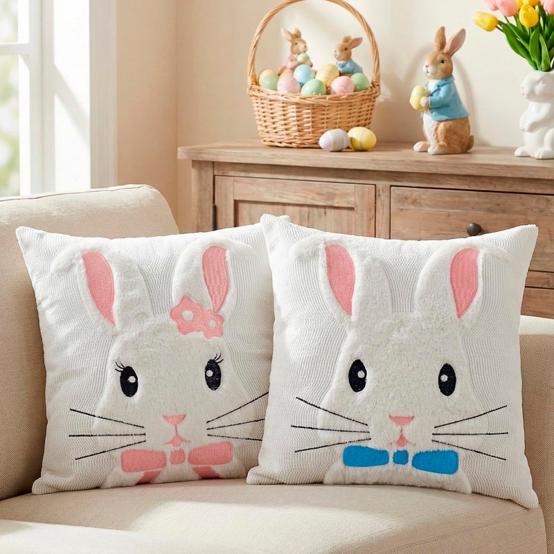 ChezMax Easter Throw Pillow Covers 18x18 Set of 2 Spring 3D White Bunny with Embroidered Tie Easter Decor Faux Fur Soft Plush Rabbit Pillow Cover for Sofa Couch Bed Cushion Case Decorations for Home Room - Image 2