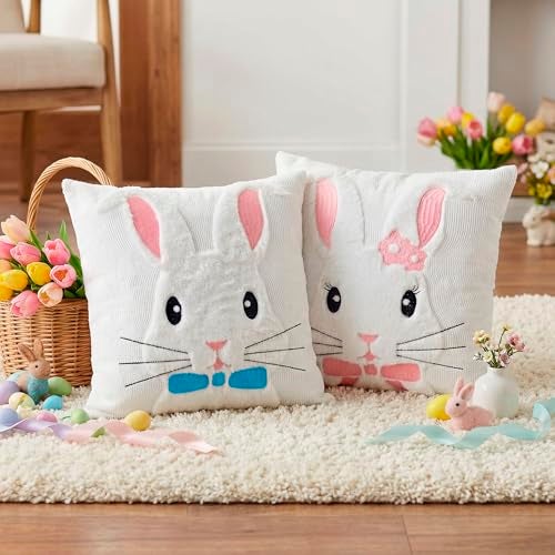 ChezMax Easter Throw Pillow Covers 18x18 Set of 2 Spring 3D White Bunny with Embroidered Tie Easter Decor Faux Fur Soft Plush Rabbit Pillow Cover for Sofa Couch Bed Cushion Case Decorations for Home Room - Image 3