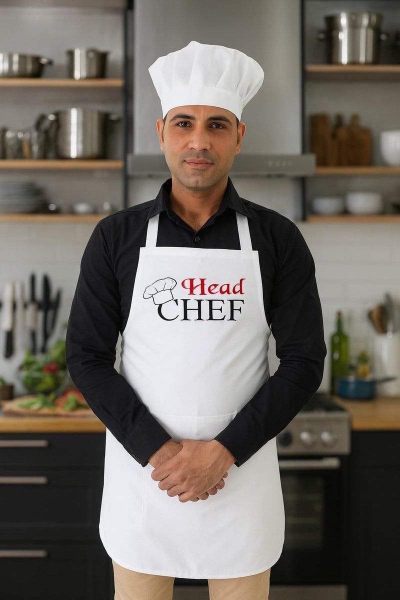 Switchon Polyester Headchef Printed Free Size Chef's Cooking Kitchen Apron with Chef's Cap-White 23x30 inch (57x77cm) - Image 5